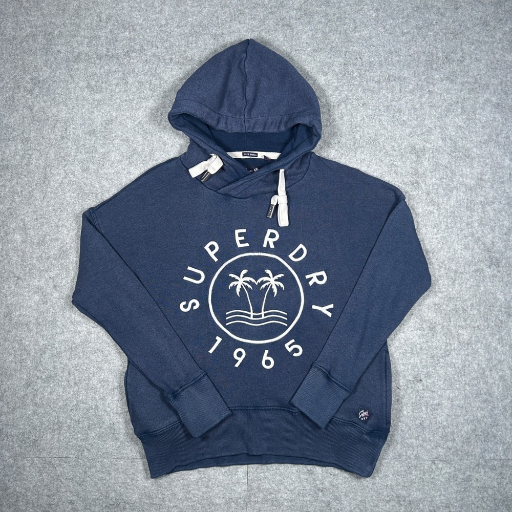Superdry Hoodie Womens Small Blue 1965 Palm Tree Graphic Pullover Sweatshirt